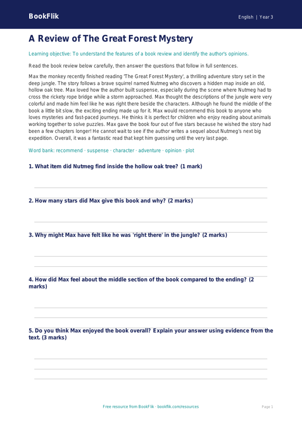 Free Book Review Comprehension | Grade 2 | ELA | BookFlik worksheet preview — English Book Review
