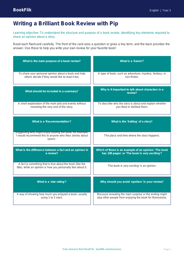 Free Book Review Flashcards | Grade 2 | ELA | BookFlik worksheet preview — English Book Review