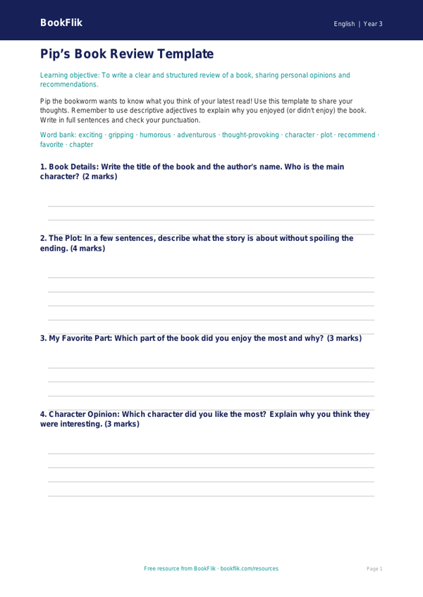 Free Book Review Template | Grade 2 | ELA | BookFlik worksheet preview — English Book Review