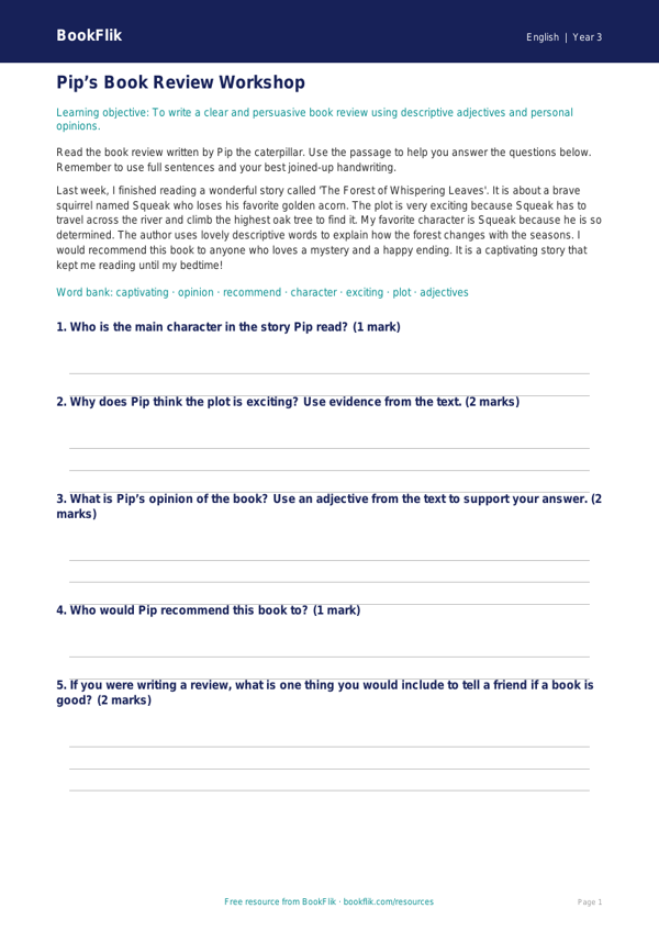Free Book Review Track Sheet | Grade 2 | ELA | BookFlik worksheet preview — English Book Review