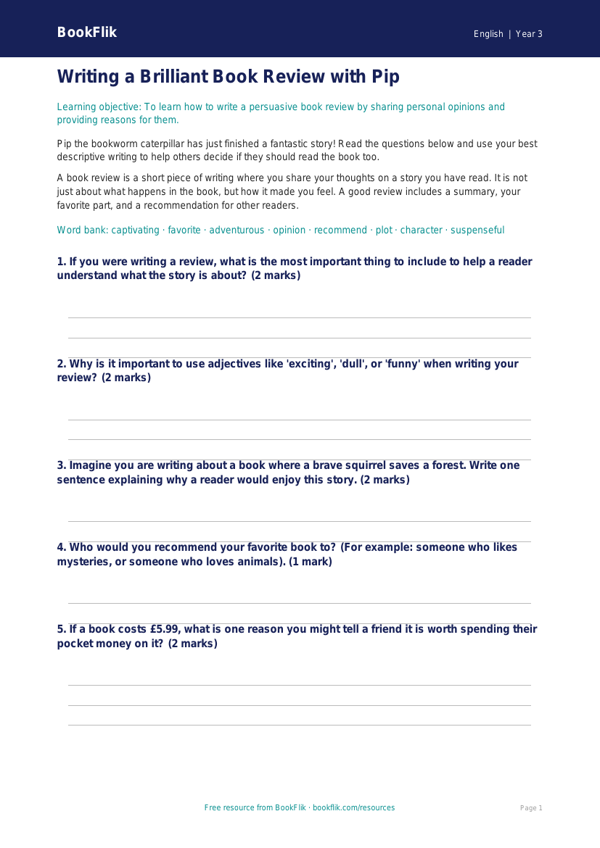 Free Book Review Worksheet | Grade 2 | ELA | BookFlik worksheet preview — English Book Review