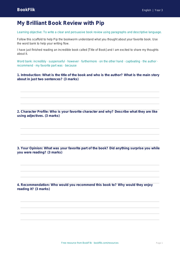 Free Book Review Writing Frame | Grade 2 | ELA | BookFlik worksheet preview — English Book Review