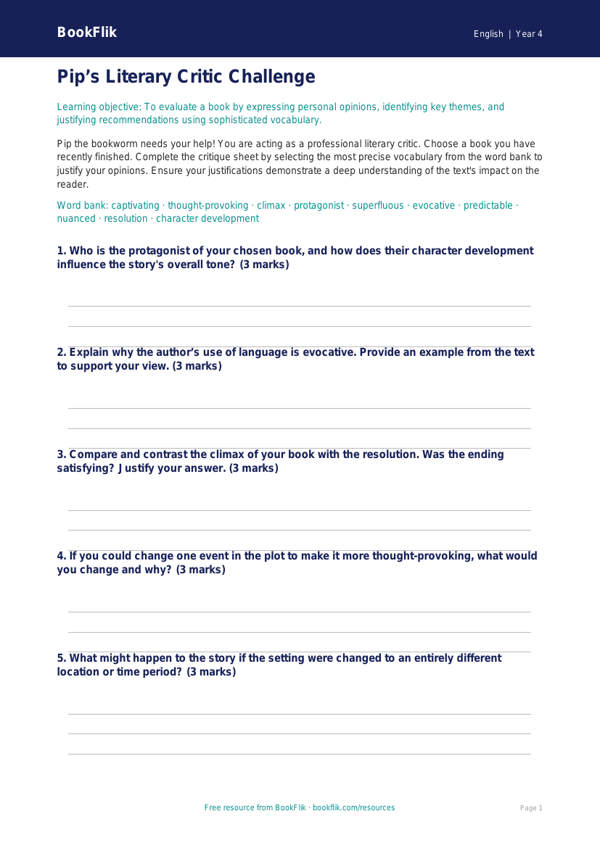 Free Book Review Activity Sheet | Grade 3 | ELA | BookFlik worksheet preview — English Book Review