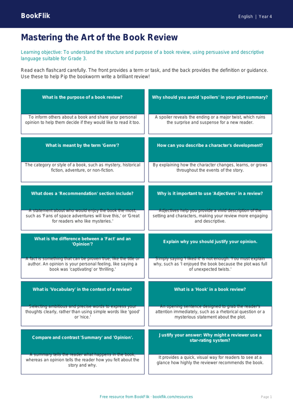 Free Book Review Flashcards | Grade 3 | ELA | BookFlik worksheet preview — English Book Review
