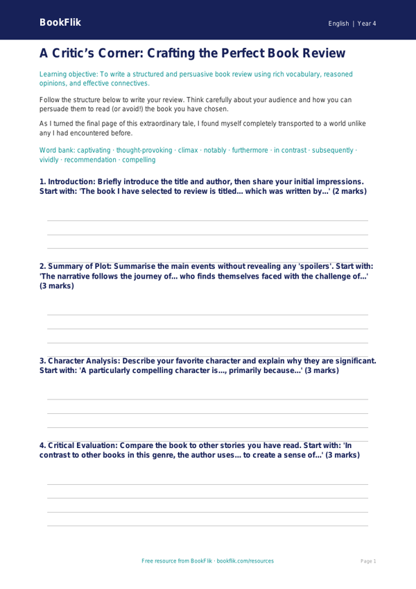Free Book Review Writing Frame | Grade 3 | ELA | BookFlik worksheet preview — English Book Review
