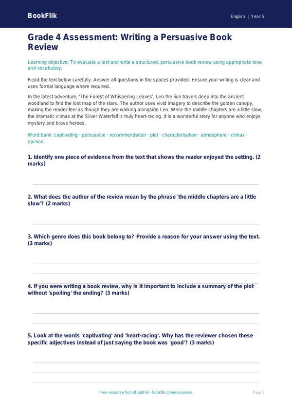 Free Book Review Assessment | Grade 4 | ELA | BookFlik worksheet preview — English Book Review