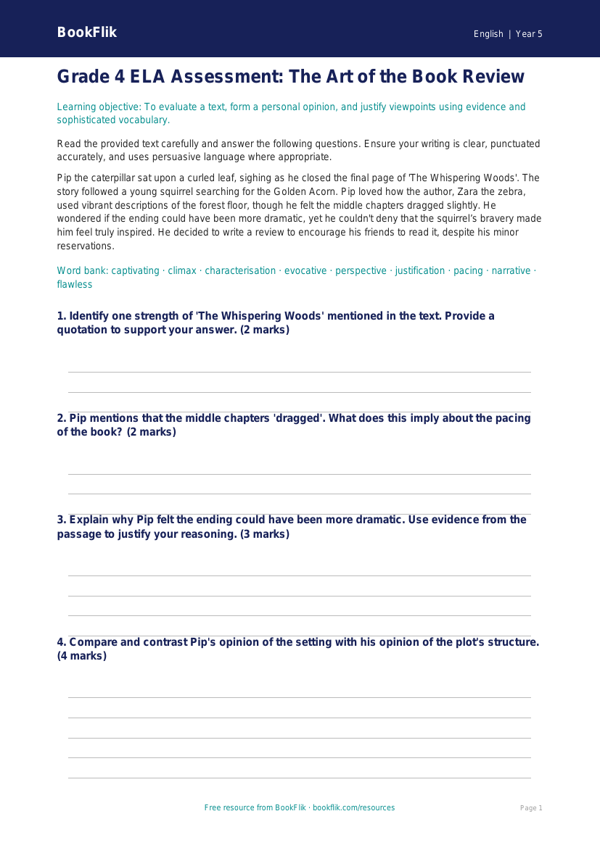 Free Book Review Assessment | Grade 4 | ELA | BookFlik worksheet preview — English Book Review