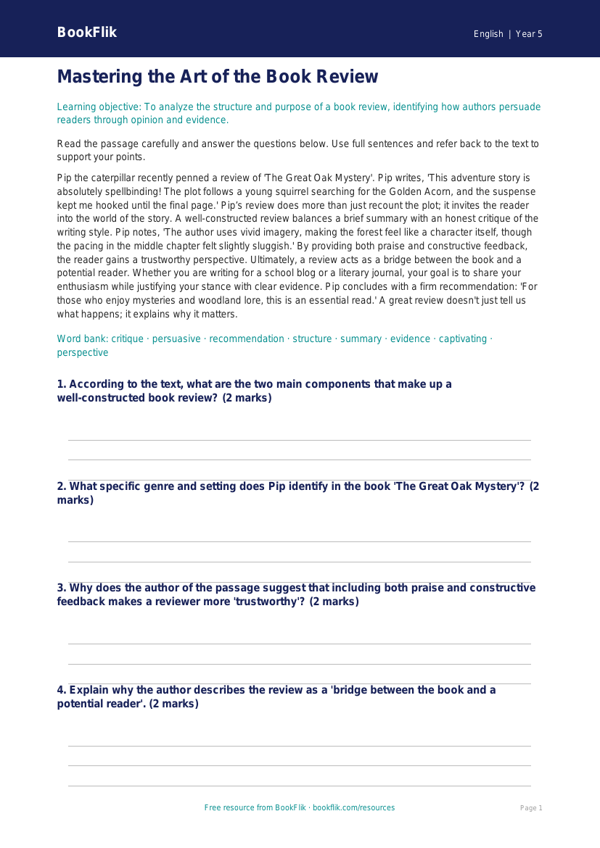 Free Book Review Comprehension | Grade 4 | ELA | BookFlik worksheet preview — English Book Review