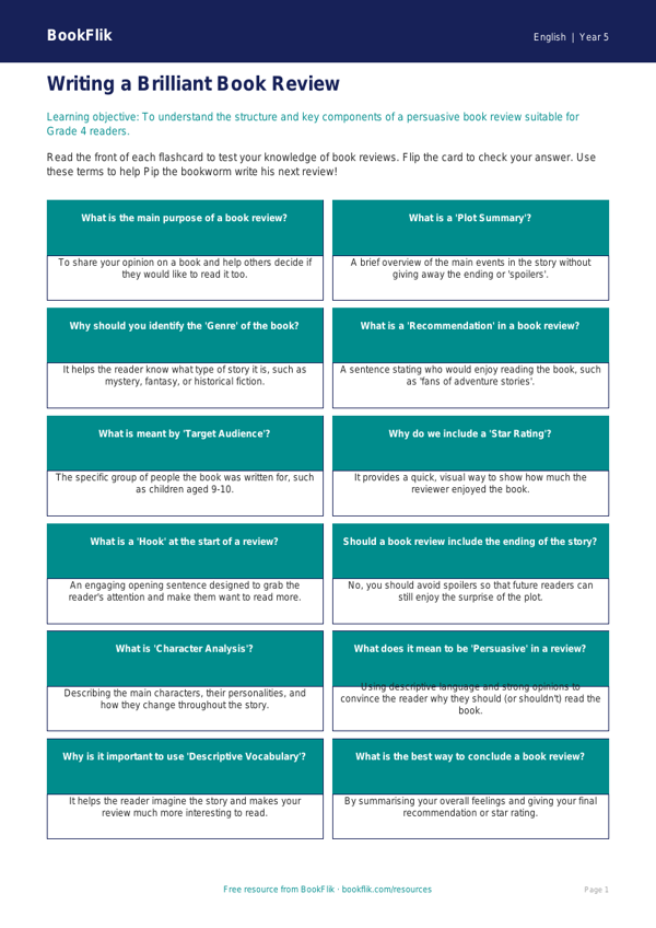 Free Book Review Flashcards | Grade 4 | ELA | BookFlik worksheet preview — English Book Review