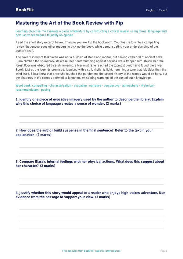 Free Book Review Track Sheet | Grade 4 | ELA | BookFlik worksheet preview — English Book Review