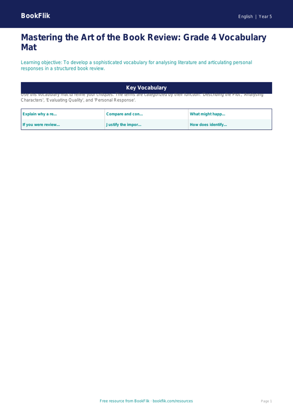 Free Book Review Word Mat | Grade 4 | ELA | BookFlik worksheet preview — English Book Review
