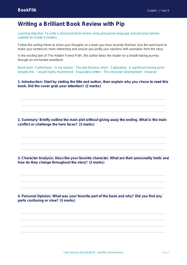 Free Book Review Writing Frame | Grade 4 | ELA | BookFlik worksheet preview — English Book Review