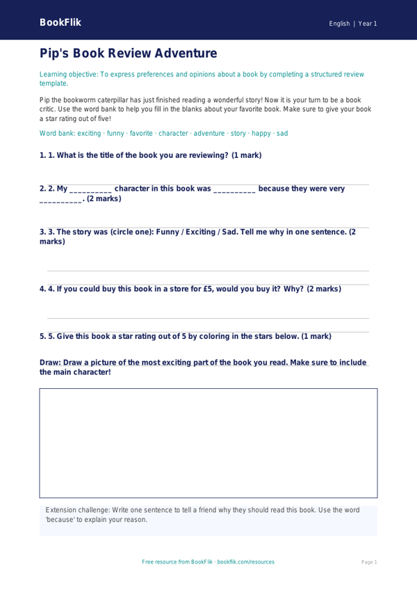 Free Book Review Activity Sheet | Kindergarten | ELA | BookFlik worksheet preview — English Book Review