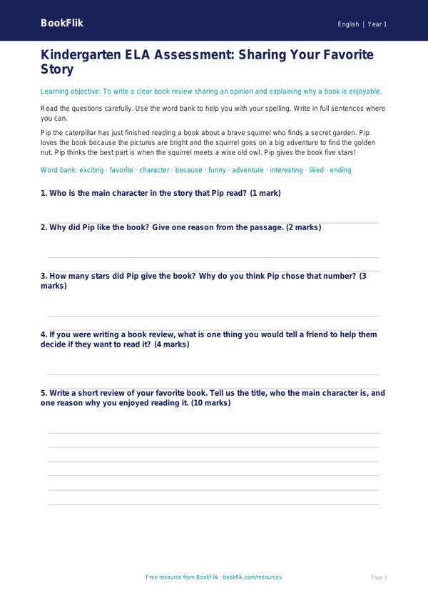 Free Book Review Assessment | Kindergarten | ELA | BookFlik worksheet preview — English Book Review