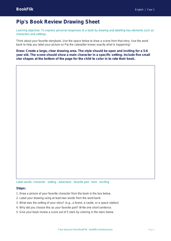 Free Book Review Drawing Sheet | Kindergarten | ELA | BookFlik worksheet preview — English Book Review