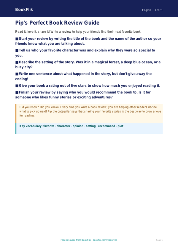 Free Book Review Poster | Kindergarten | ELA | BookFlik worksheet preview — English Book Review