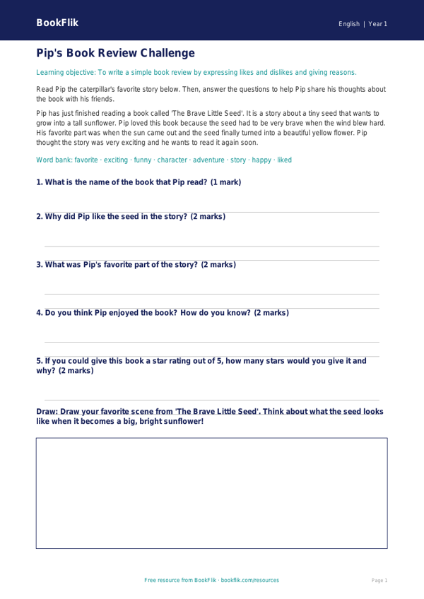Free Book Review Track Sheet | Kindergarten | ELA | BookFlik worksheet preview — English Book Review