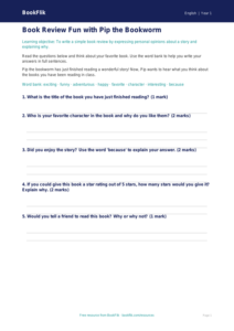 Free Book Review Worksheet | Kindergarten | ELA | BookFlik