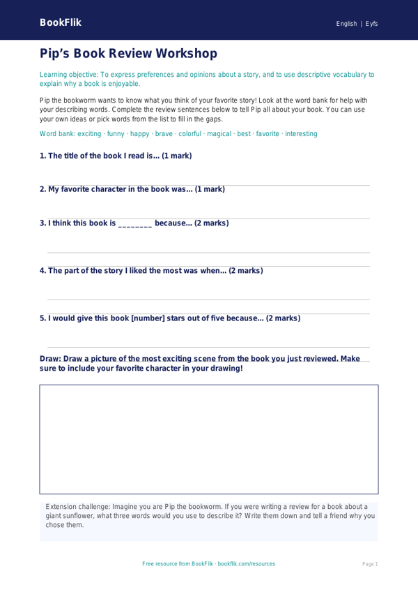 Free Book Review Activity Sheet | Pre-K | ELA | BookFlik worksheet preview — English Book Review