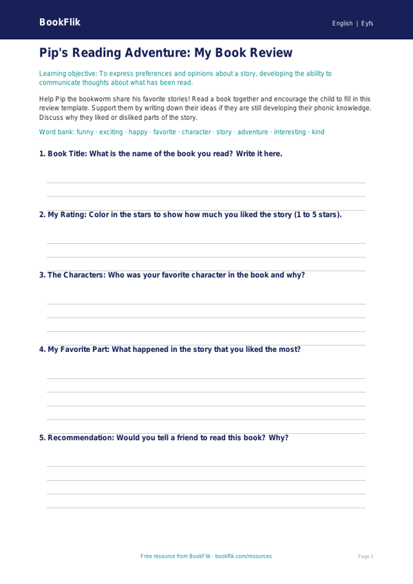 Free Book Review Template | Pre-K | ELA | BookFlik worksheet preview — English Book Review