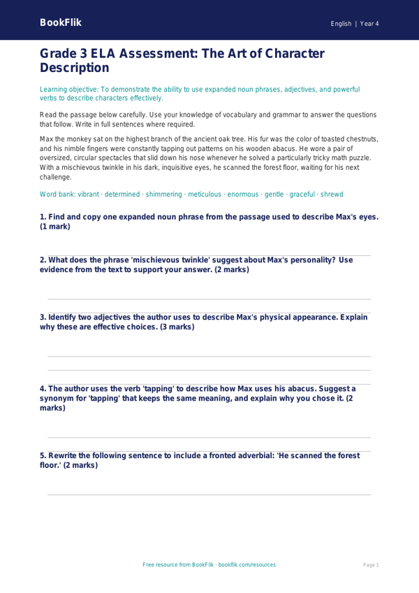 Free Character Description Assessment | Grade 3 | ELA | BookFlik worksheet preview — English Character Description