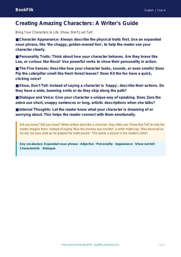 Free Character Description Poster | Grade 3 | ELA | BookFlik worksheet preview — English Character Description