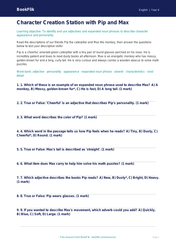 Free Character Description Quiz | Grade 3 | ELA | BookFlik worksheet preview — English Character Description