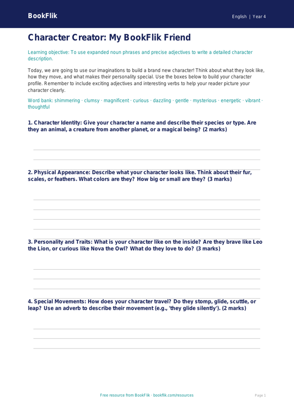 ELA character description template grade 3 core worksheet preview — English Character Description