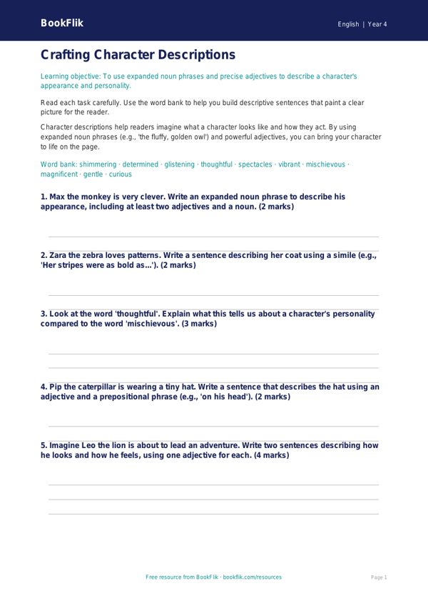 Free Character Description Worksheet | Grade 3 | ELA | BookFlik worksheet preview — English Character Description