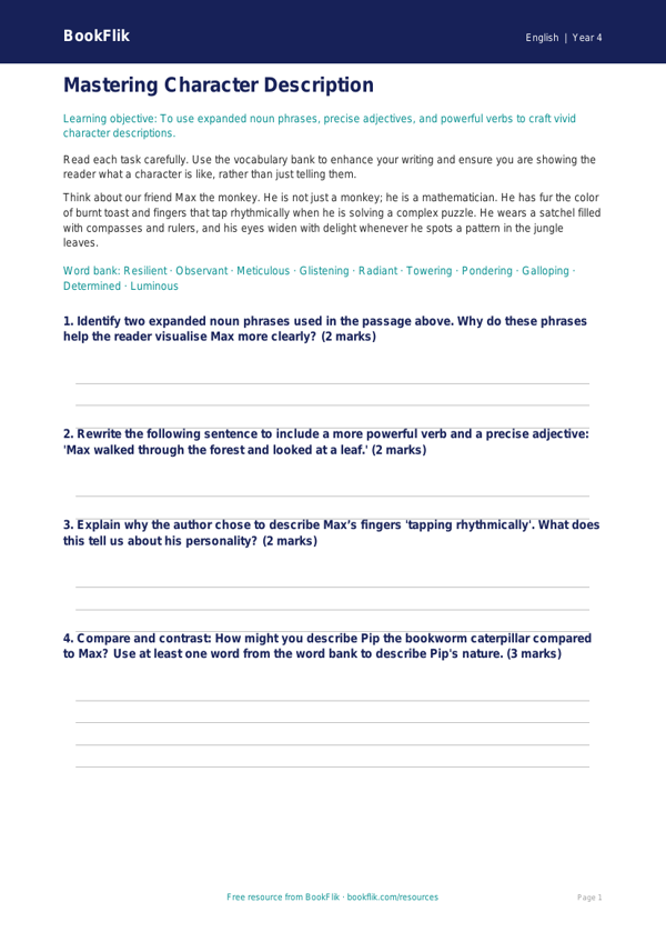 Free Character Description Worksheet | Grade 3 | ELA | BookFlik worksheet preview — English Character Description