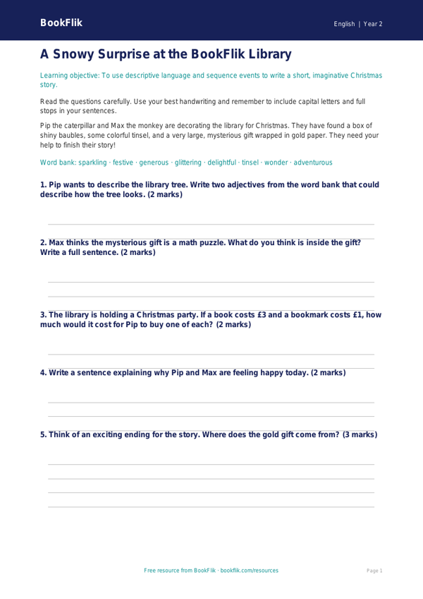 Free Christmas Story Worksheet | Grade 1 | ELA | BookFlik worksheet preview — English Christmas Story
