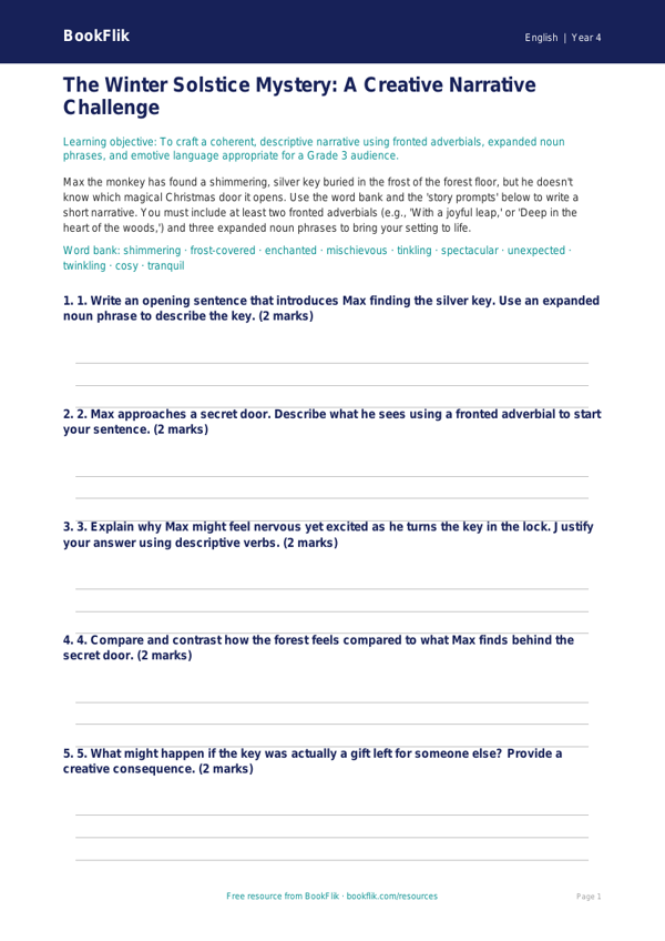 Free Christmas Story Activity Sheet | Grade 3 | ELA | BookFlik worksheet preview — English Christmas Story