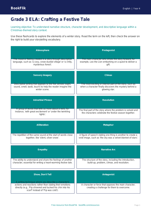 ELA christmas story flashcards grade 3 greater depth worksheet preview — English Christmas Story