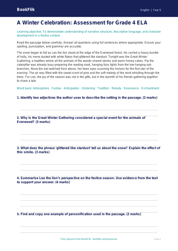 Free Christmas Story Assessment | Grade 4 | ELA | BookFlik worksheet preview — English Christmas Story