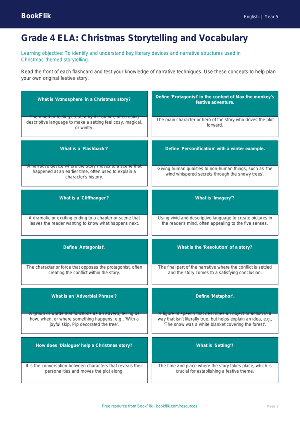 Free Christmas Story Flashcards | Grade 4 | ELA | BookFlik worksheet preview — English Christmas Story