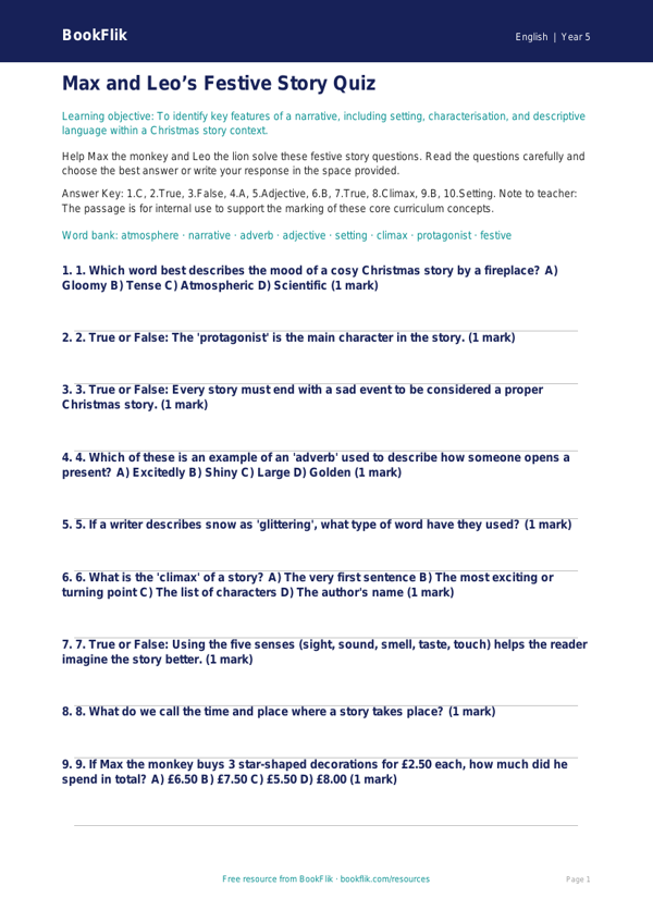Free Christmas Story Quiz | Grade 4 | ELA | BookFlik worksheet preview — English Christmas Story