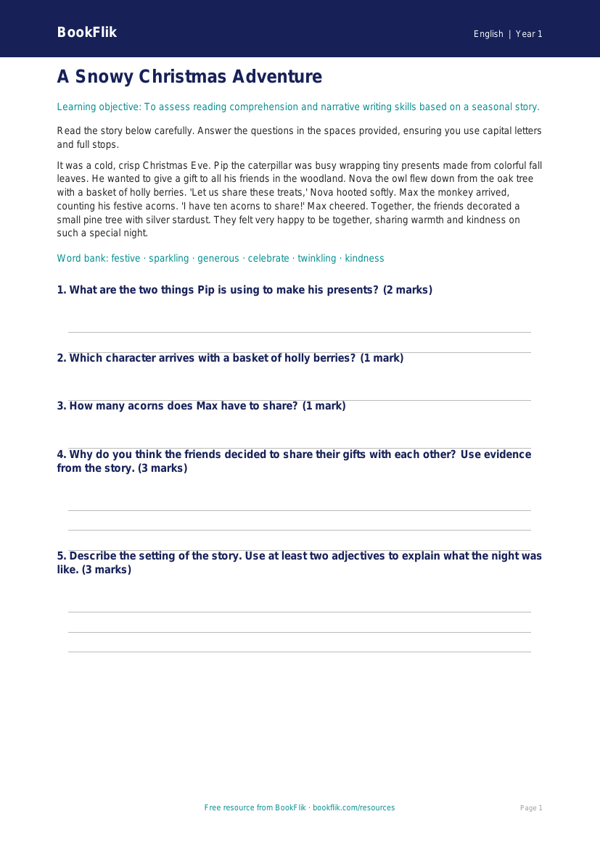 Free Christmas Story Assessment | Kindergarten | ELA | BookFlik worksheet preview — English Christmas Story