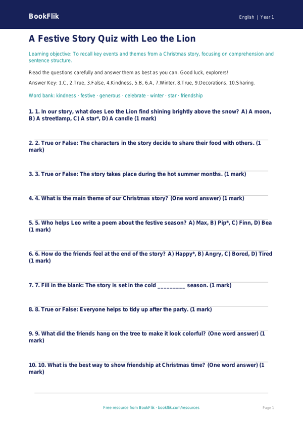 Free Christmas Story Quiz | Kindergarten | ELA | BookFlik worksheet preview — English Christmas Story
