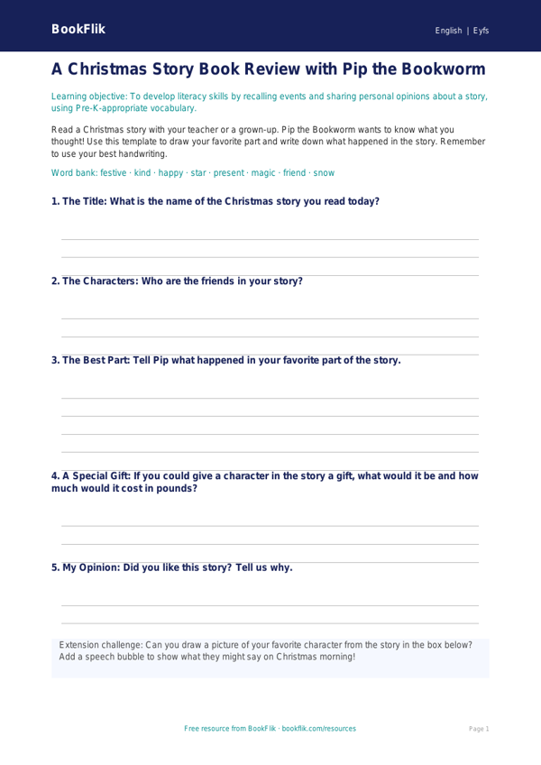 Free Christmas Story Template | Pre-K | ELA | BookFlik worksheet preview — English Christmas Story