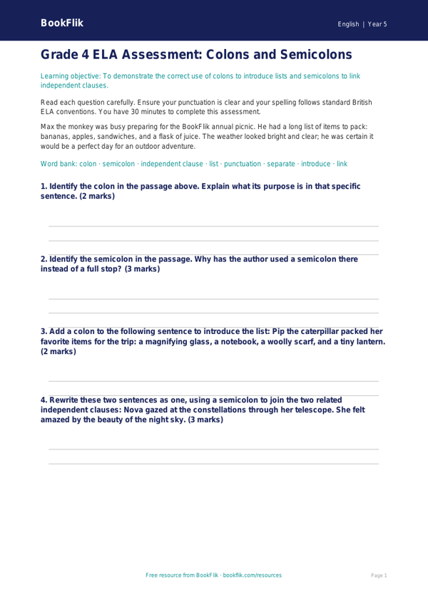 Free Colons And Semicolons Assessment | Grade 4 | ELA | BookFlik worksheet preview — English Colons And Semicolons