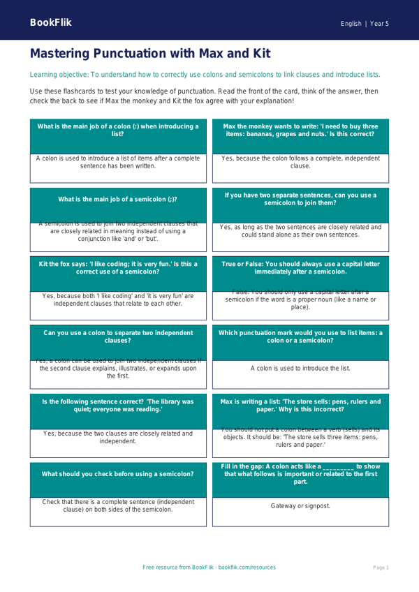 Free Colons And Semicolons Flashcards | Grade 4 | ELA | BookFlik worksheet preview — English Colons And Semicolons