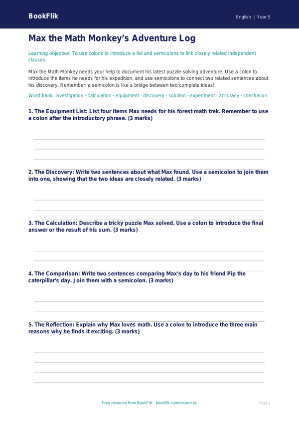 Free Colons And Semicolons Template | Grade 4 | ELA | BookFlik worksheet preview — English Colons And Semicolons