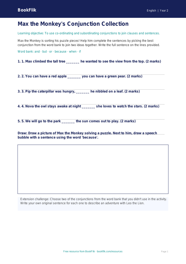 Free Conjunctions Activity Sheet | Grade 1 | ELA | BookFlik worksheet preview — English Conjunctions