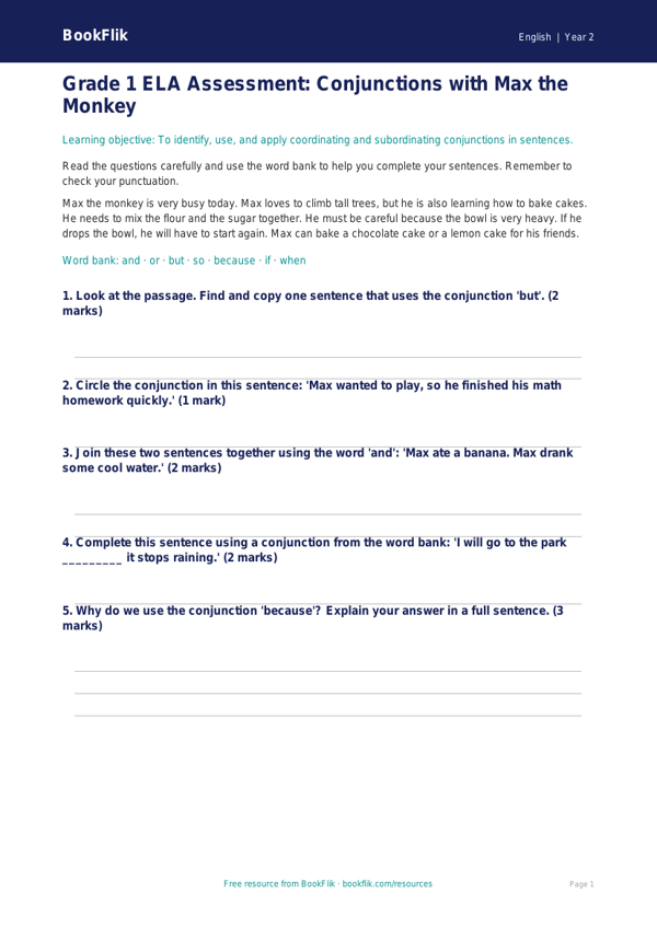 Free Conjunctions Assessment | Grade 1 | ELA | BookFlik worksheet preview — English Conjunctions