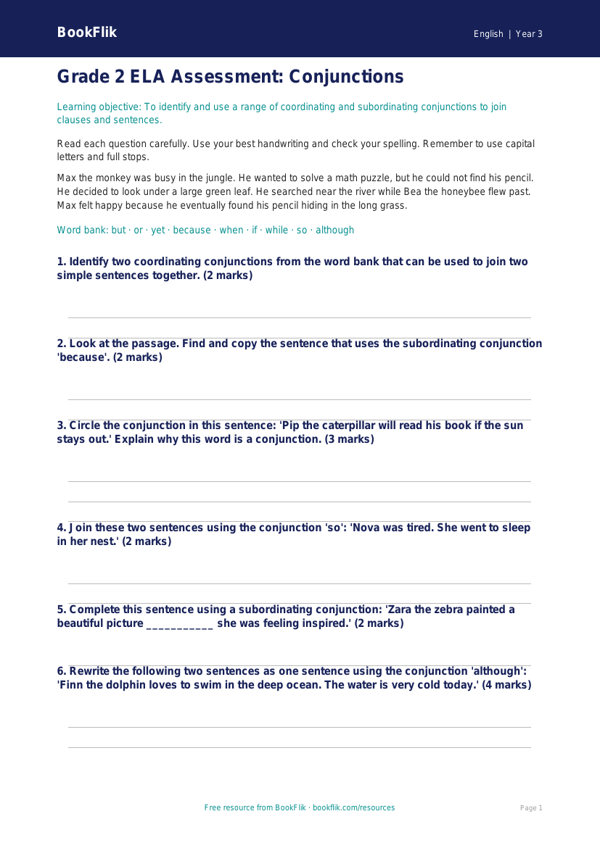 Free Conjunctions Assessment | Grade 2 | ELA | BookFlik worksheet preview — English Conjunctions