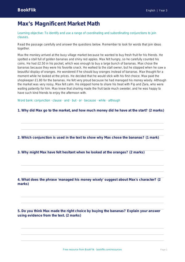 Free Conjunctions Comprehension | Grade 2 | ELA | BookFlik worksheet preview — English Conjunctions