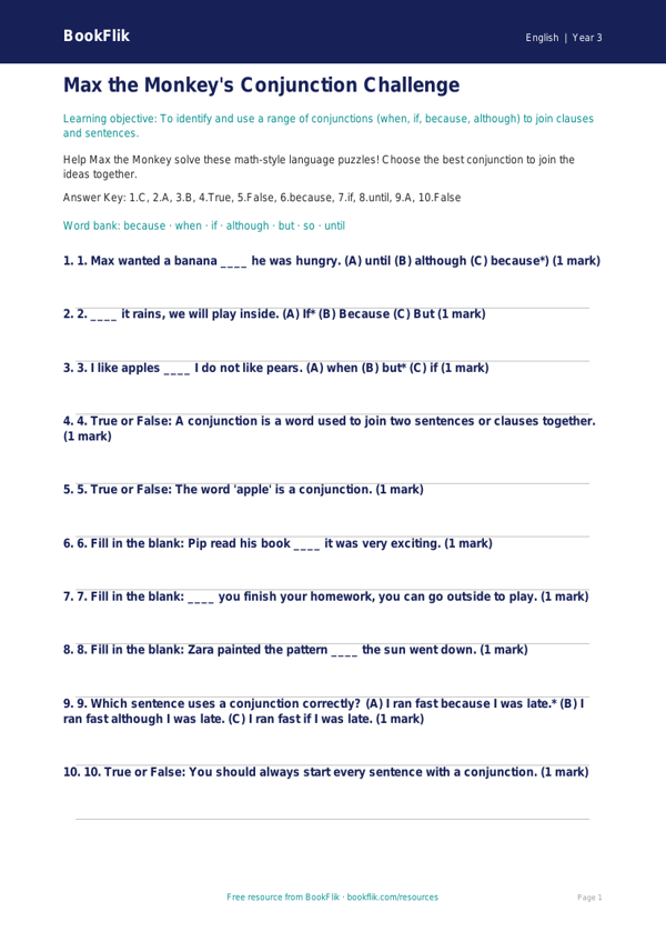 Free Conjunctions Quiz | Grade 2 | ELA | BookFlik worksheet preview — English Conjunctions