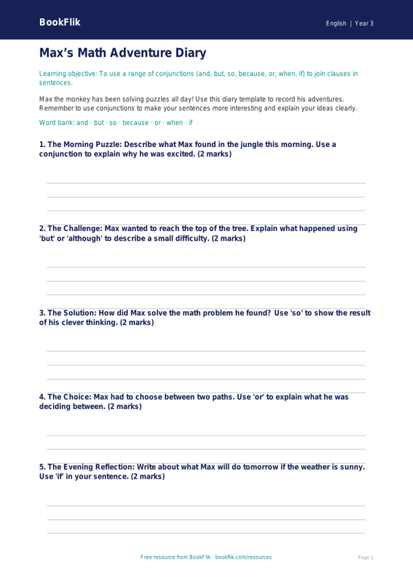 Free Conjunctions Template | Grade 2 | ELA | BookFlik worksheet preview — English Conjunctions