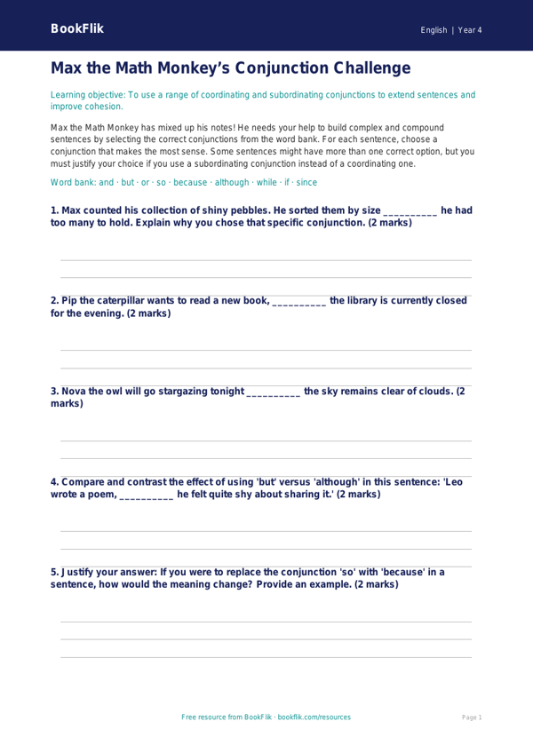 Free Conjunctions Activity Sheet | Grade 3 | ELA | BookFlik worksheet preview — English Conjunctions