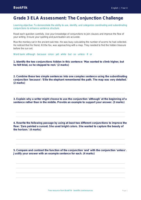 Free Conjunctions Assessment | Grade 3 | ELA | BookFlik worksheet preview — English Conjunctions